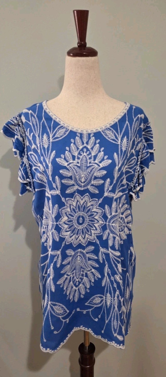 Solitaire Medium Blue White Eyelet Embroidered Ru… - image 1