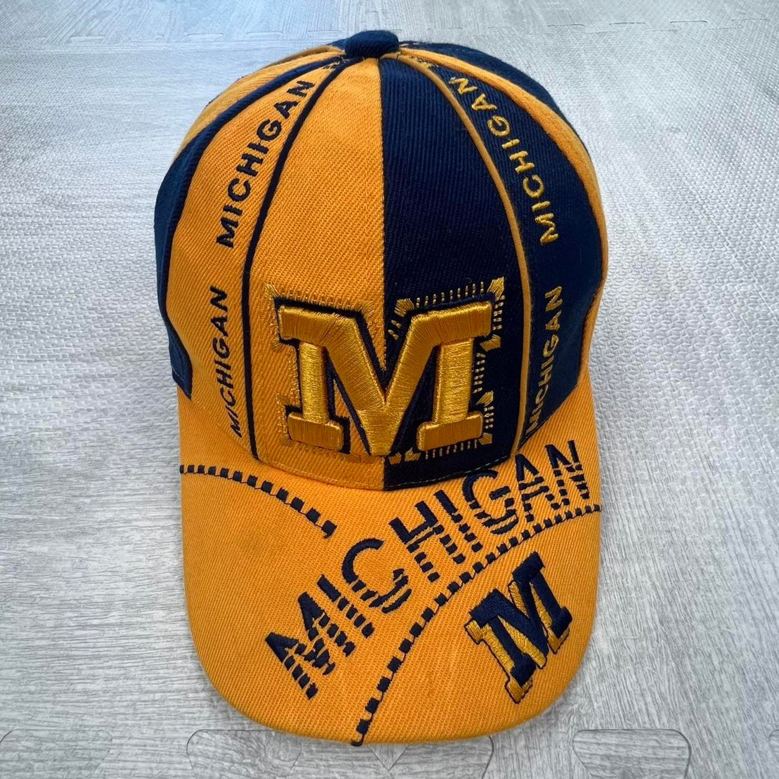 Vintage 90s Michigan Wolverines AOP Snapback Hat Yellow Blue NCAA College Retro