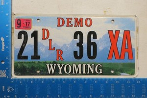Wyoming WY License Plate Tag New Car Dealer Demo 21 DLR 36 XA