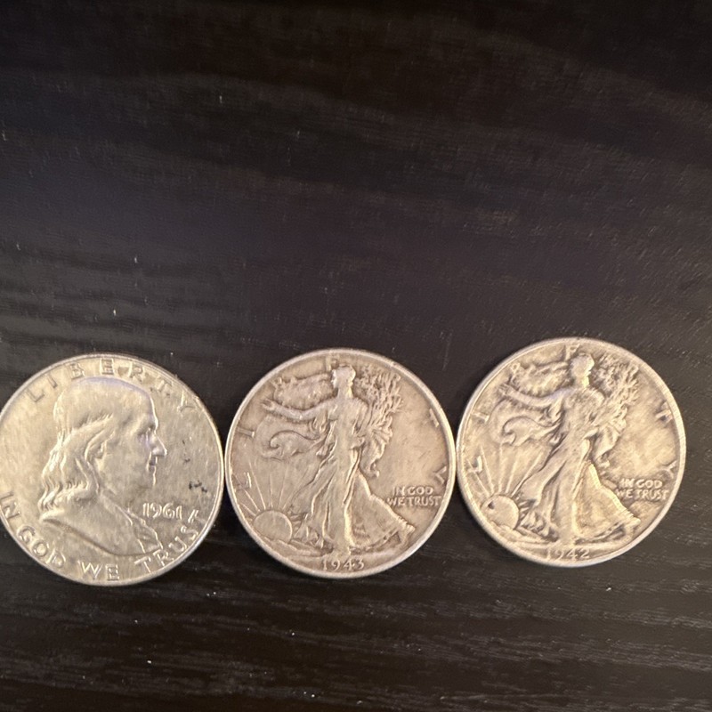 US 50C Half Dollar Lot of 3: 1942-43 Walking Liberty, 1961 Franklin