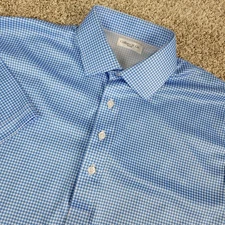 Collars & Co Mens Medium Blue White Gingham Check Performance Stretch Polo SS