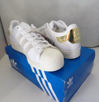 NWOB Authentic ADIDAS SUPERSTAR White Gold Logo Women's Shoes Size 9 M |  eBay