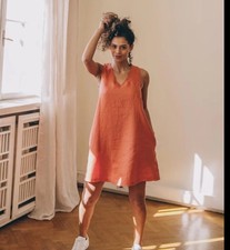 Eve Gravel Women 100% Linen Mini Dress Size XS Burnt Orange Sleeveless Lagenlook