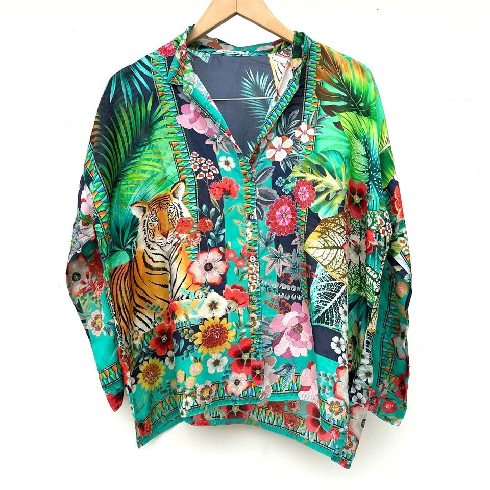 Camisa Johnny Was Tigres Et Fleurs Seda Abotonada Tropical Tiger XS Blusa Foto 4 de 4