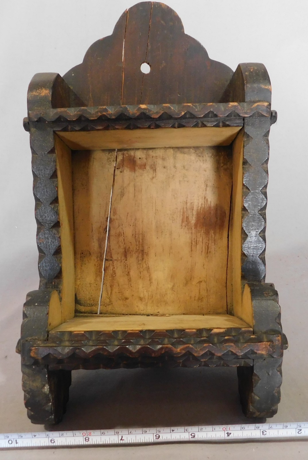 Antique Tramp art decorated wall box shelfchip carved 19th century painted oak