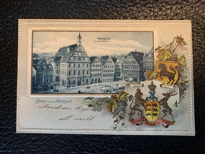 Gruss aus Stuttgart Marktplatz Postkarte Deutschland 1901 Rathaus geprägt