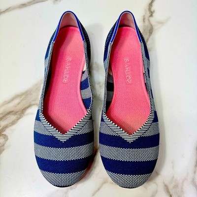 Rothy s Riviera Big Stripes The Flat White Navy Pink Ballet Women s Flats, 9.5