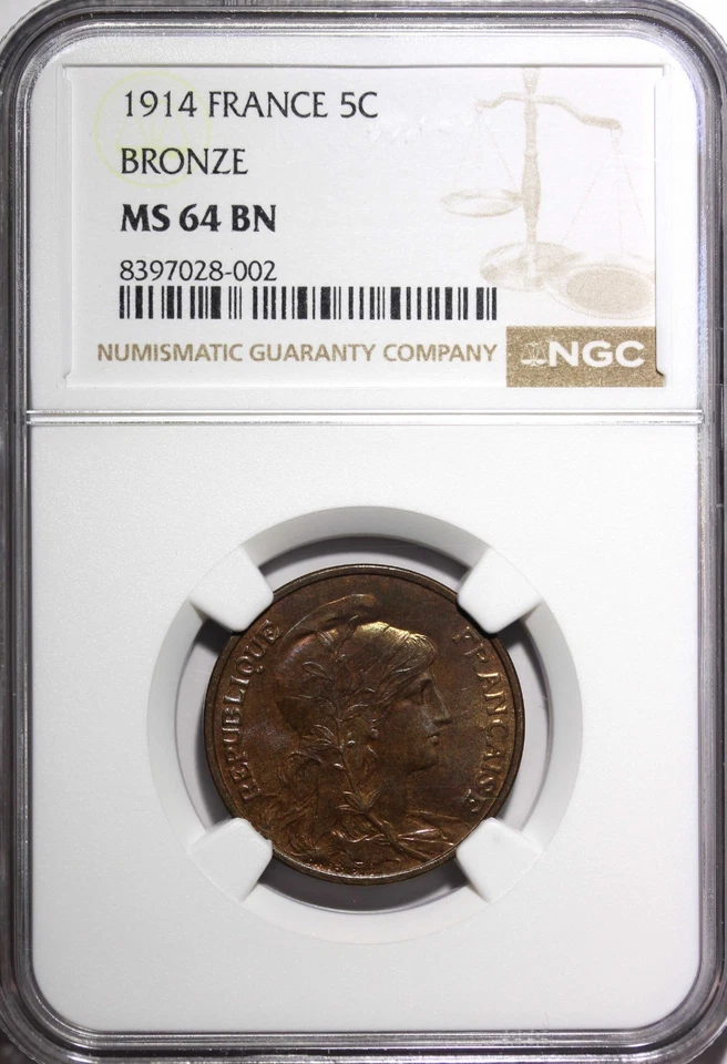 France Bronze 1914 5 Centimes NGC MS64 BN KM# 842 (002) - Image 2 of 4