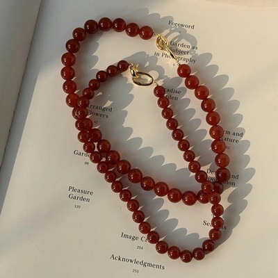 Red Agate Natural Stone Strand Beaded Necklace for Women Clasp Circle Chokers
