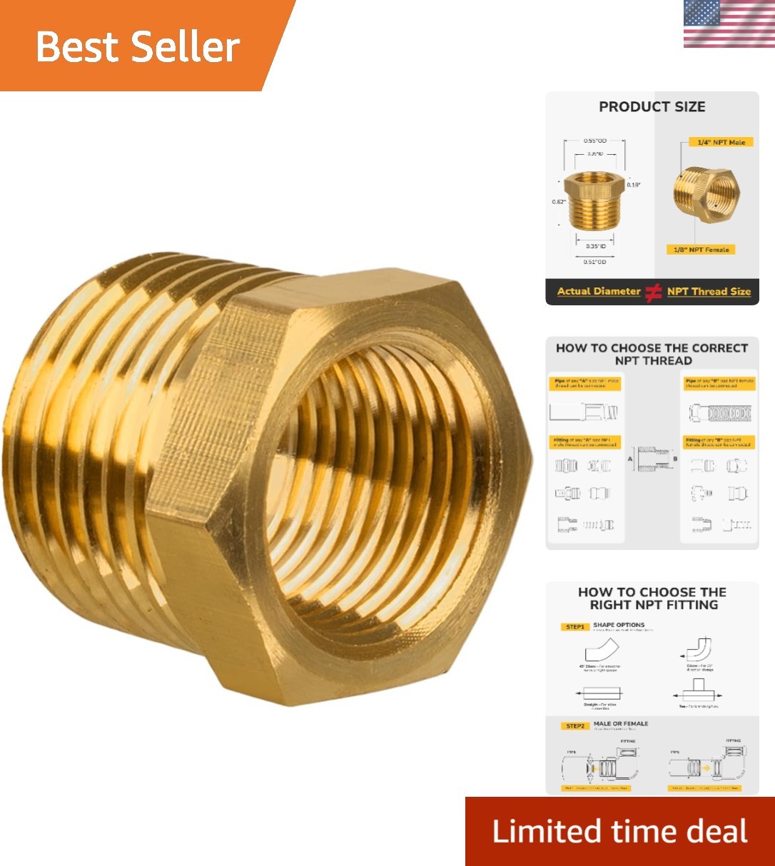 1/4" NPT Male to 1/8" NPT Female Brass Reducer Bushing - Heavy Duty & Leak-Proof
