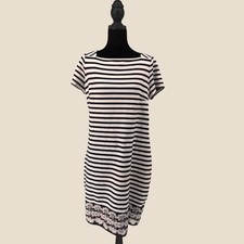 Talbots Sheath Dress Women XP Navy White Good Striped Lace Hem Pique Knit