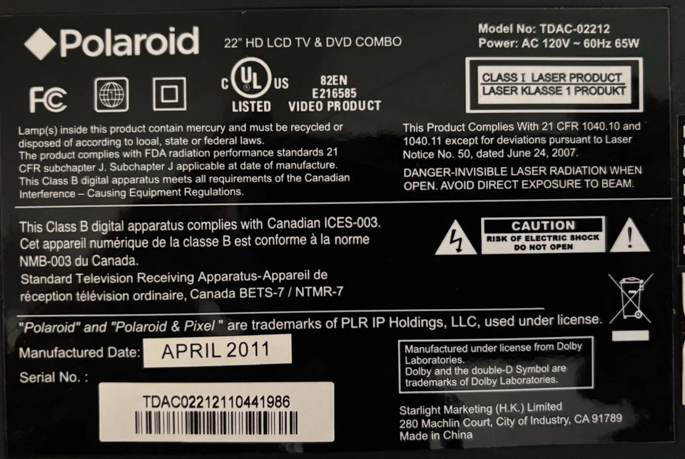 Polaroid 22” HD LCD TV & DVD combo. Model: TDAC-02212 - Image 4 of 4
