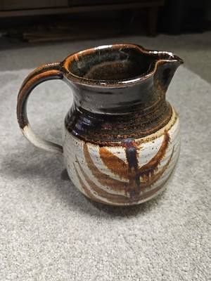 Beautiful Sepia Nature Themed Water Jug Handmade Handpainted Signed Leaf & Dots
