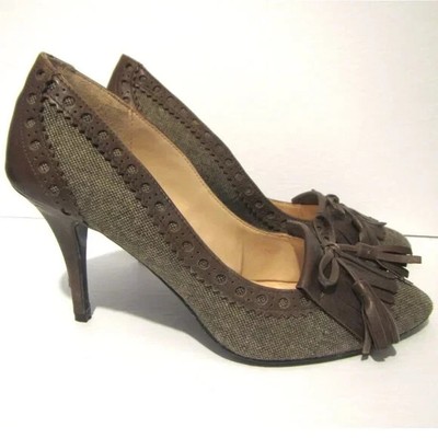 Audrey Brooke Leather and Fabric Two Tone Tassel Heels 9 Brown