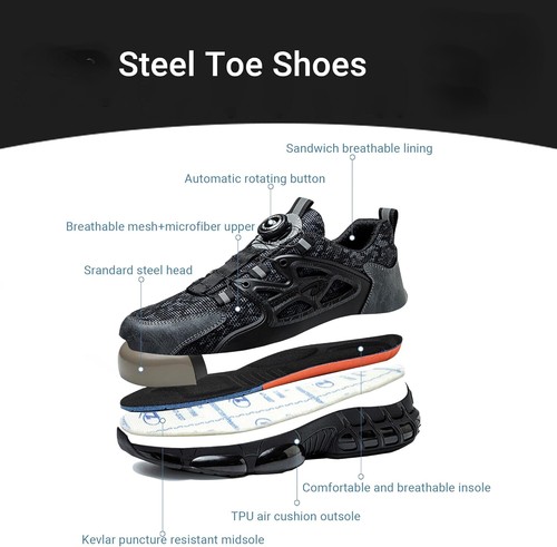Men Work Safety Shoes Women Steel Toe Boots Rotating Buckle Breathable Lace Free - Picture 8 of 21