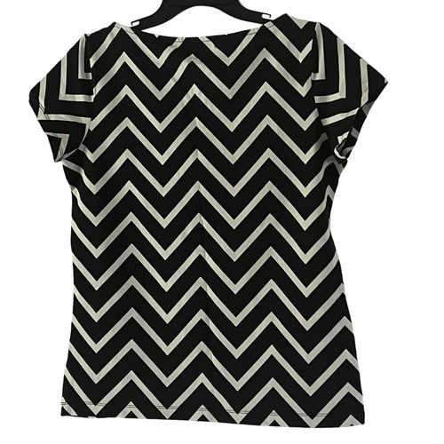 Lauren Ralph Lauren Black White Chevron Print Short Sleeve Top Blouse L Stretch - Picture 2 of 12