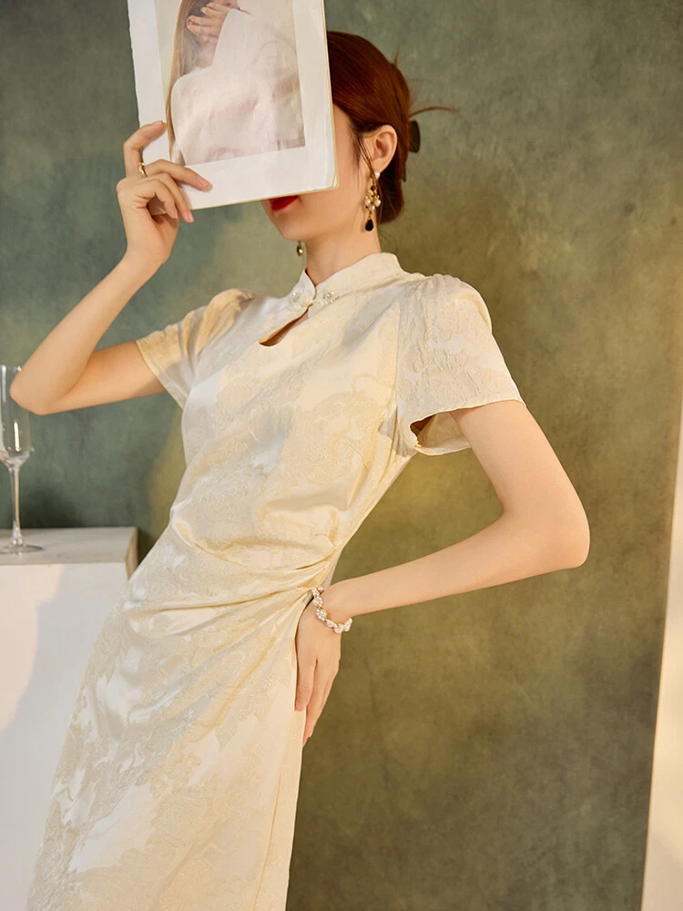 OFF WHITE Gonna lunga stile cinese seta Cheongsam donna ricamo stand colletto abiti