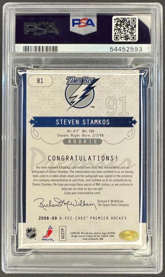 2008 O.P.C Steven Stamkos Signed Jersey Rookie Card EX 5 AUTO 10 119/299 - Image 2 of 2