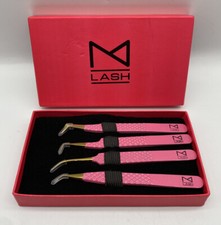 M lash set of 4 Diamond Grip Eyelash Extensions Tweezers Pink Japanese Steel New