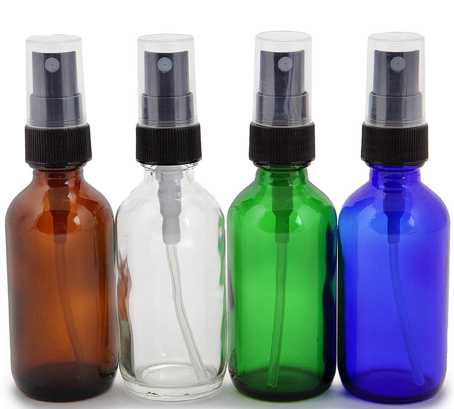 Assorted Colors, 2 oz Glass Bottles, with Black Fine Mist Sprayers- 4 Pack