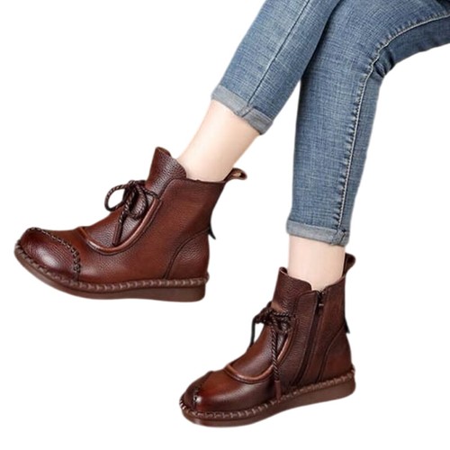 Women Booties Side Zip Ankle Boots Womens Comfort Lace Up Work Retro Shoes Flat - Picture 18 of 47