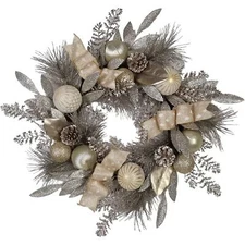 Kurt Adler Silver and Gold Champagne Rattan Christmas Wreath, 24"