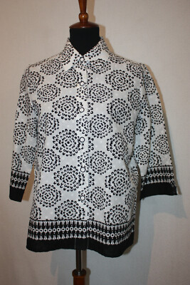 Drapers & Damons Petite Sz PS Black White Floral Button Up Top 3/4 Sleeve 