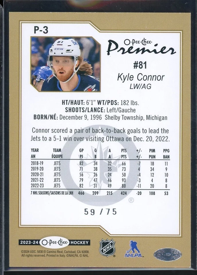 2023-24 O-Pee-Chee OPC Premier Diamond Rainbow #P3 Kyle Connor 59/75 - Image 2 of 2