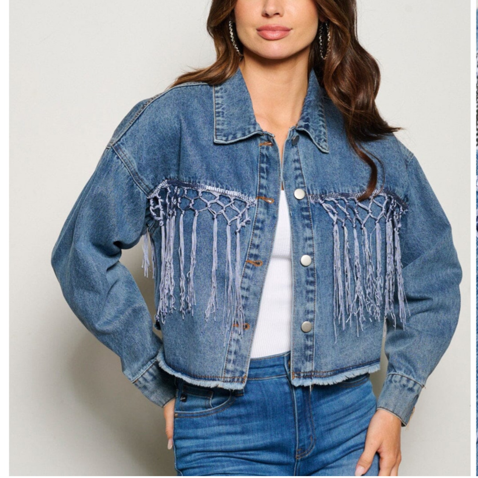 Just In-HOWDY Blue Jean Denim Jacket Sequins & Fringe  Button Front-Large