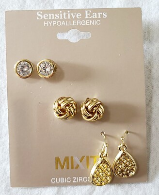 Mixit Set Of 3 Gold Tone Earrings Cubic Zirconia J11-1230