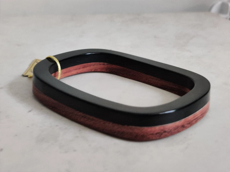 KJL Kenneth Jay Lane Bakelite Rectangular Bangle Bracelet Black & Wood VTG Rare - Image 2 of 4