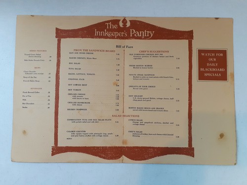 Vintage Menu INNKEEPER'S PANTRY Colonial Hilton Inn Massachusetts Bill of Fare - Picture 2 of 8