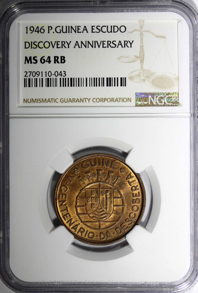 Guinea-Bissau Bronze 1946 Escudo NGC MS64 RB Discovery Anniversary KM# 7  (043) - Image 2 of 4