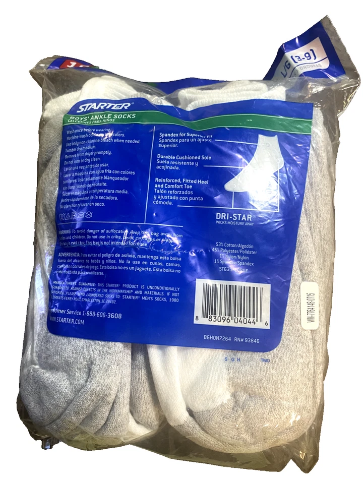 Starter Boys Shoe Size 3-9 Large Ankle Socks 10 Pair White New - Image 3 of 4