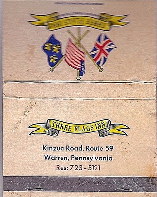 VINTAGE MATCHBOOK (40) THREE FLAGS INN,WARREN,PA. MID 60's *FREE U.S. SHIPPING*