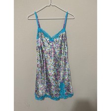 NWT Vintage Y2K Victoria's Secret Floral Satin Sleep Slip Dress Blue Lace Trim