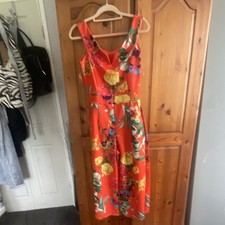 Women's Size 12 Orange Floral V-Neck Wide-Leg Jumpsuit Pockets Tie Zip