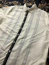 Men's White Dress Shirt Black Placket Stripe Cotton Classic Fit XL 15 34/35