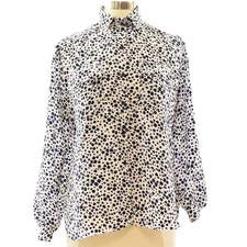 80s Vintage Dalmatian Print Blouse Womens S Relaxed Fit White Blue Polka Dot Top