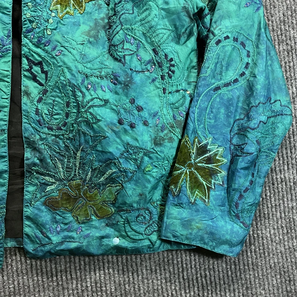 Chaqueta Chico's para mujer talla 1 verde azulado seda bordado apliques boho floral forrado Foto 2 de 4