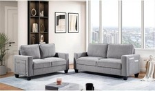 Juego de 2 Piezas Sofá Loveseat Gris Boucle Puerto USB Bolsillos Laterales Sofá Pequeño Moderno