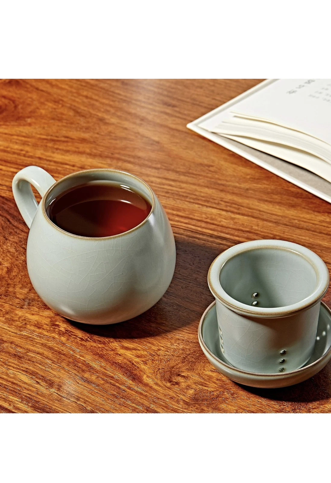 YASI Celadon porcelain Tea Mug With Infuser And Lid 300ml/10oz Ru Kiln