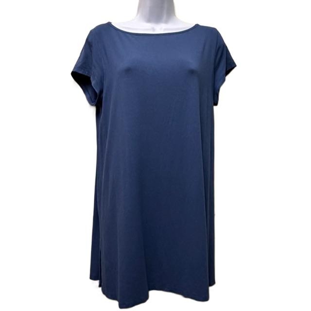 EILEEN FISHER Sz Large Medium Blue Long Tunic Stretch Knit Viscose Cap Sleeve