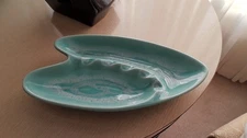 Vintage MCM Ashtray Atomic Boomerang Ceramic Drip Glaze Turquoise - 12.5" 50s