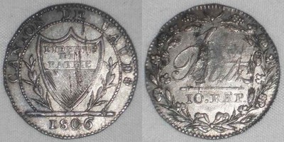 Toned 1806 Billon Coin From Switzerland Swiss One Batzen Canton Vaud XF