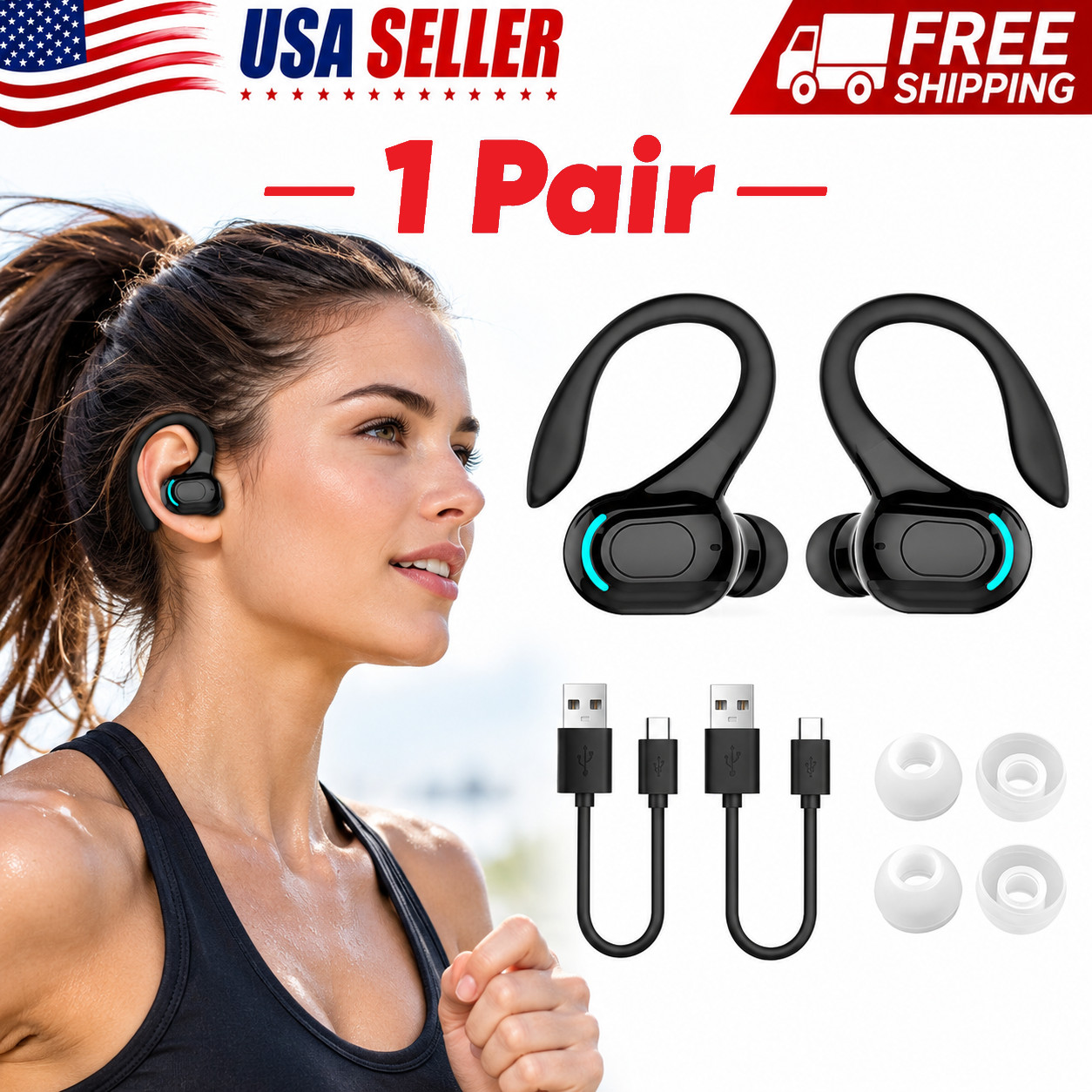 2 piezas Audífonos inalámbricos Bluetooth 5.1 con gancho para la oreja, estéreo