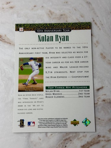 NOLAN RYAN - 1998 CUBIERTA SUPERIOR BÉISBOL DÉCIMO ANIVERSARIO DÉCADA DOMINADORES INSERTO - Imagen 2 de 2