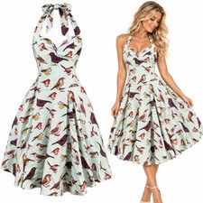 Retro 50s Swing Dress SZ M Bird Print Halter Sweetheart Rockabilly Pinup
