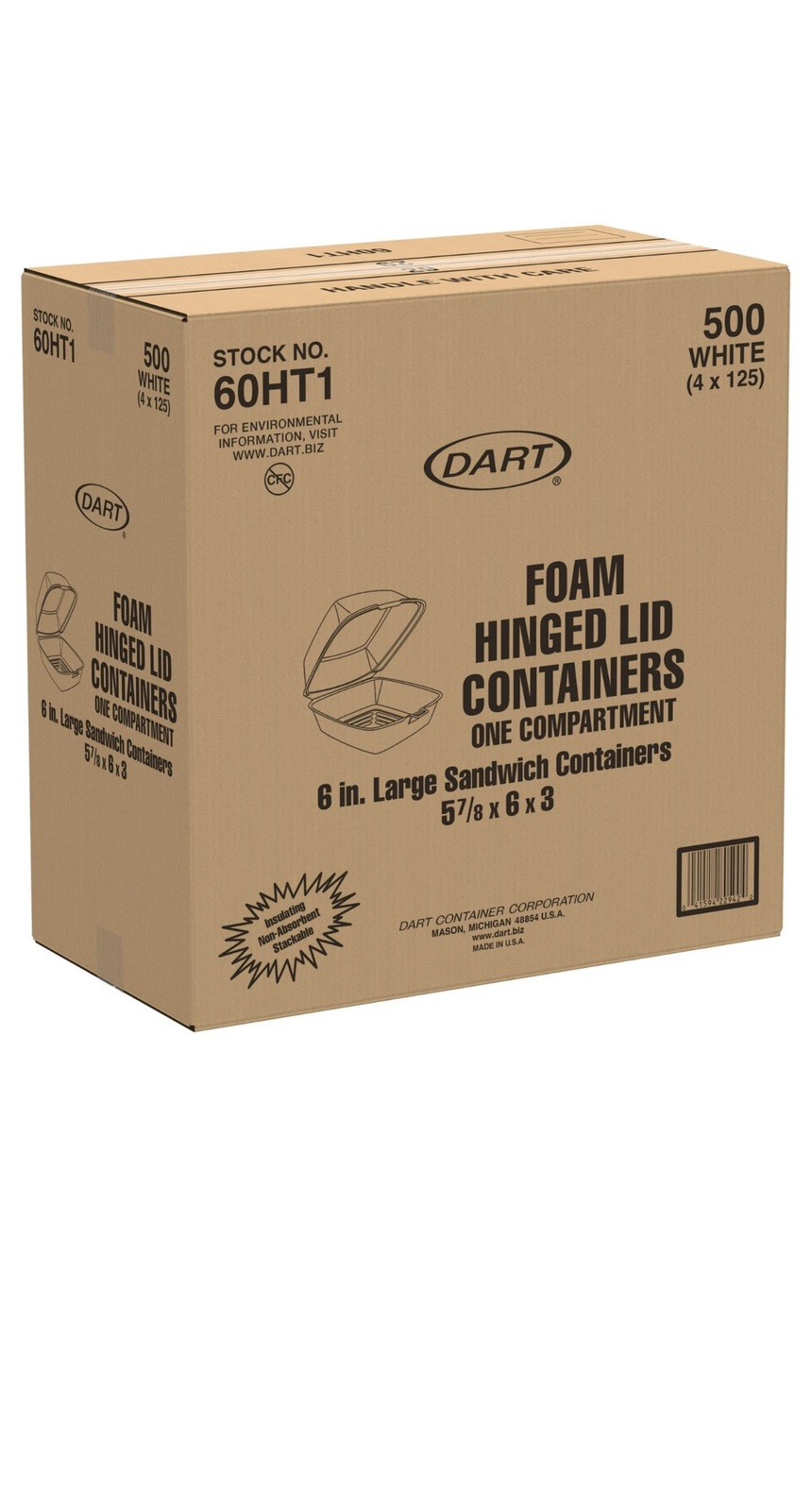 Dart 60HT1 6" Foam Hinged Lid Container, 1 Compartment, Case of 500