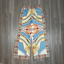 Rachel Zoe Patterned Satin Wide Leg Pants Boho Luxe Festival Vacation Trousers S